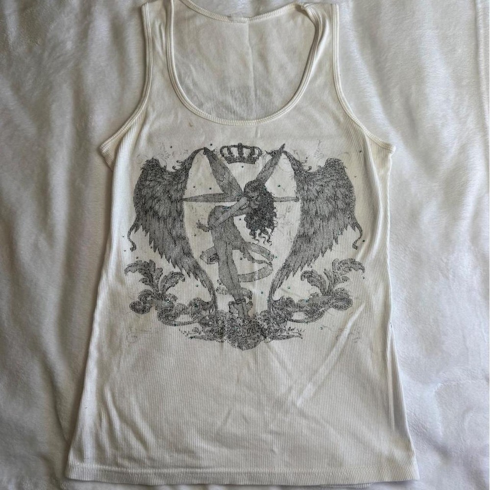Angel wing cross graphic rhinestone tank top y2k vintage grunge skater - Picture 2 of 6